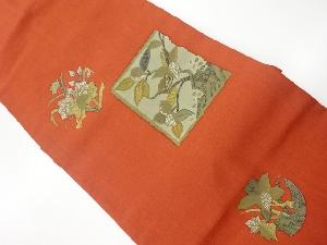 リサイクル　手織り紬手描き花に葉模様名古屋帯